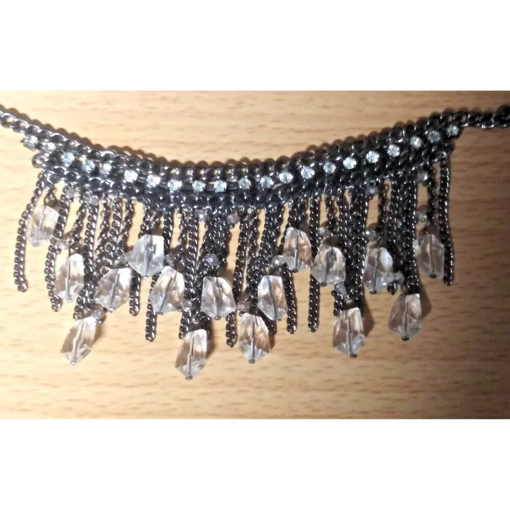 Flapper Tassel Fringe Necklace Choker oxidized gray with clear rhinestones EUC